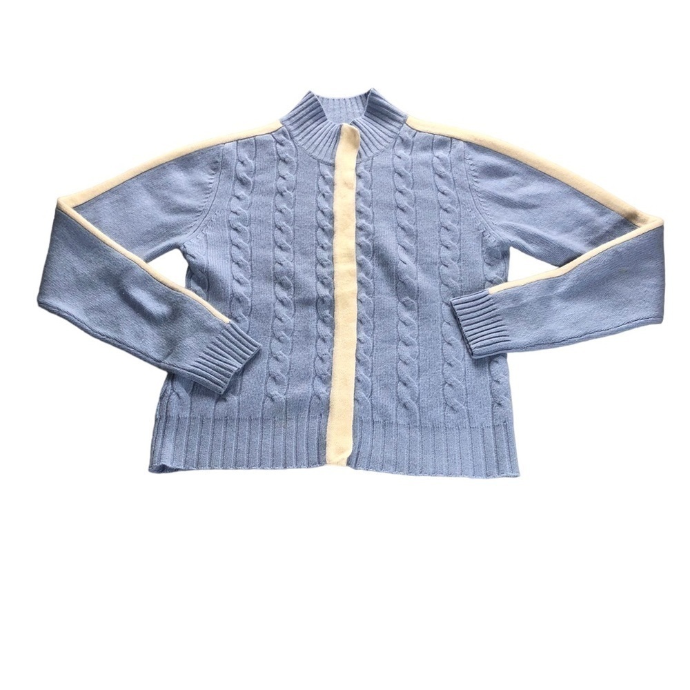 Athleta Womens Sm Blue White Cable Knit Long Sleeve Cashmere Sweater Cabin Core